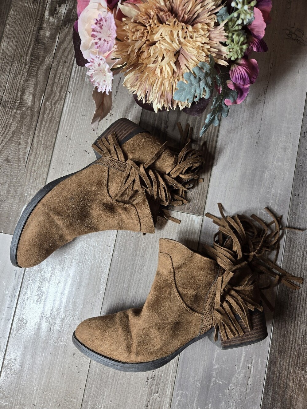 Faded Glory Brown Heeled Suede Fringe Ankle Booties Size 7 Women's